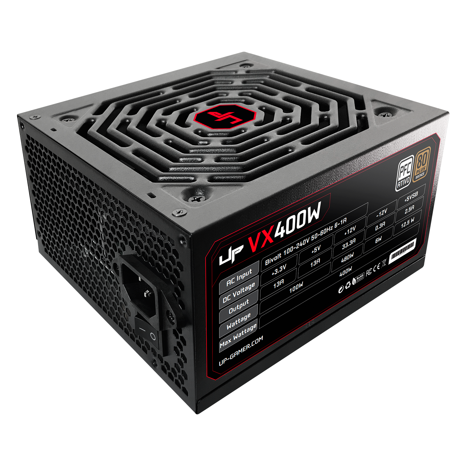 Fonte UP Gamer VX400 400W 80 Plus Bronze PFC Ativo c/Cabo Black