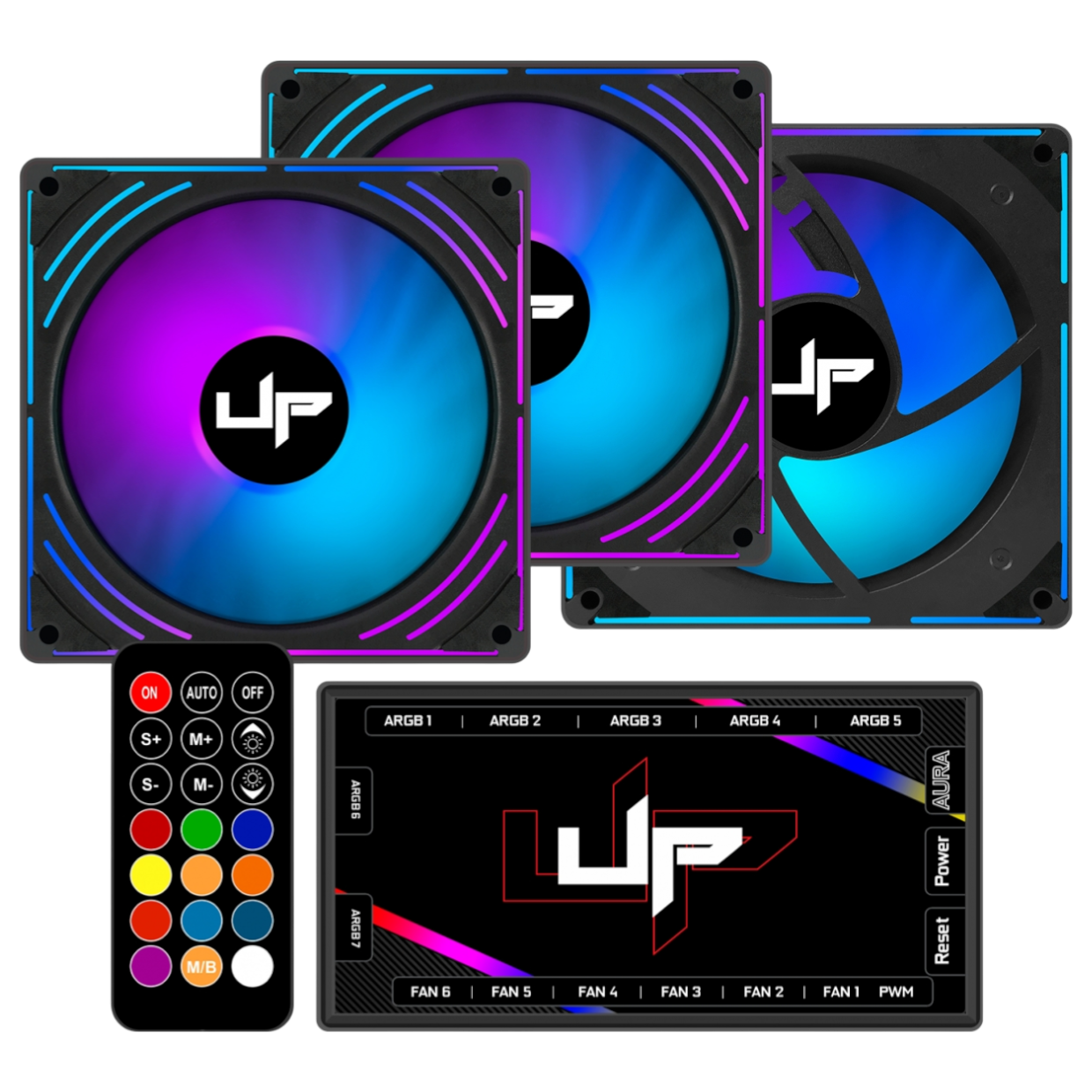 Cooler Fan de Gabinete Kit com 5 UP Gamer Rainbow ARGB 5v 120mm con Controle
