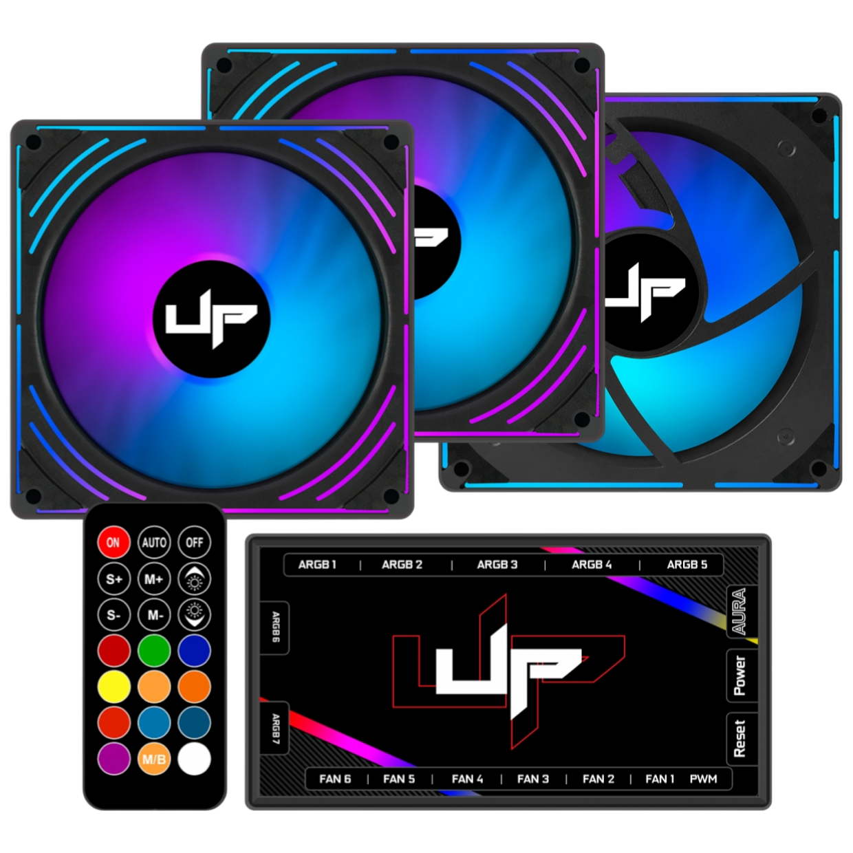 Cooler Fan de Gabinete Kit com 3 UP Gamer Rainbow ARGB 5v 120mm con Controle